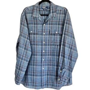 Vintage 90s Polo Ralph Lauren Blue Lander 100% Linen Plaid Camp Shirt Heritage L